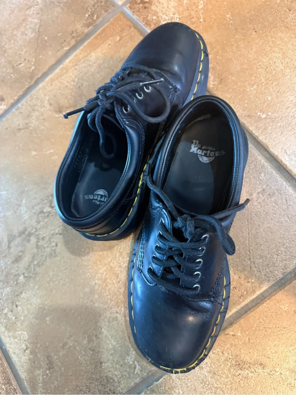 Dr. Martens Black Leather Lace-Up Shoes with Yellow Stitching